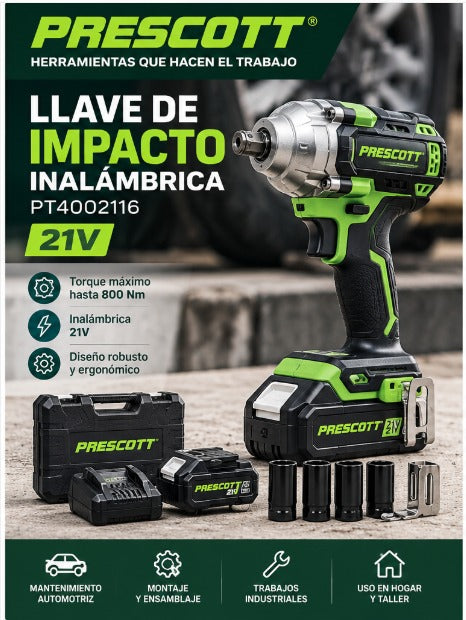 llave de impacto inalámbrica prescott 21v — pt4002116